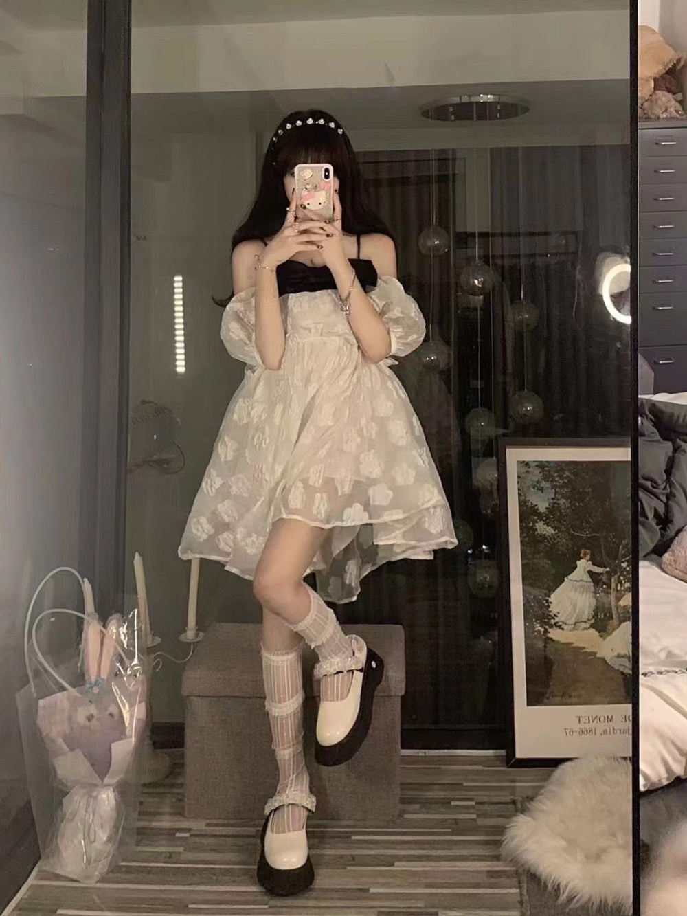 Romantic Puff-Sleeve White Floral Mini Dress